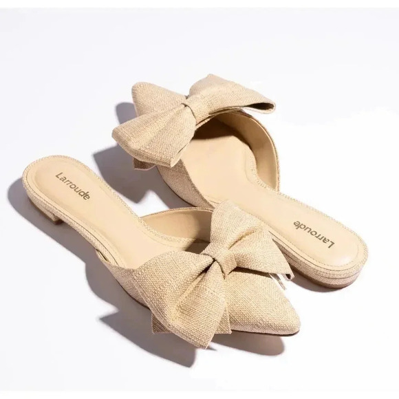 Larroude Elle Flat Mule In Beige Raffia Size 5.5 - Picture 1 of 7